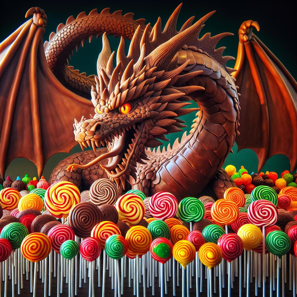 A chocolate dragon fighting an army of angry lollipops