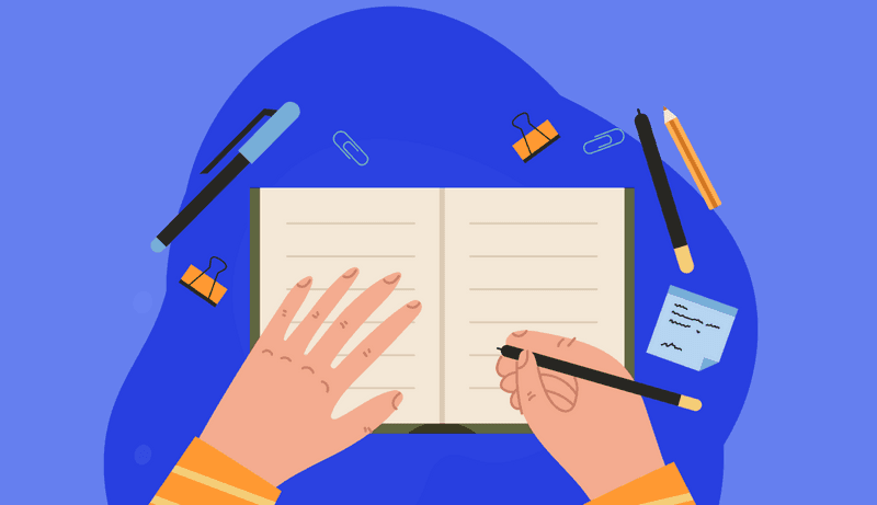 Human hands writing an essay on a paper