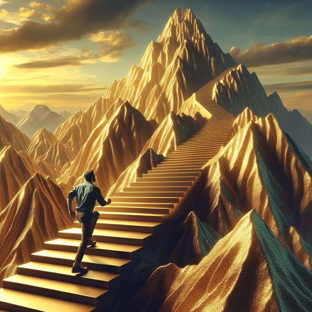 A writer following steps on a huge staircase to reach the top of a golden mountain