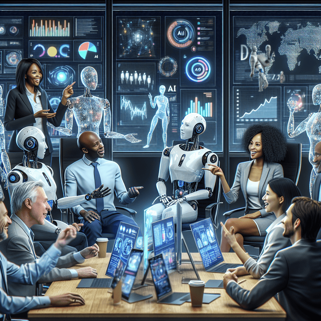 People and robots gather around a table to discuss AI-generated content strategies.People and robots gathering around a table to discuss AI generated content strategies
