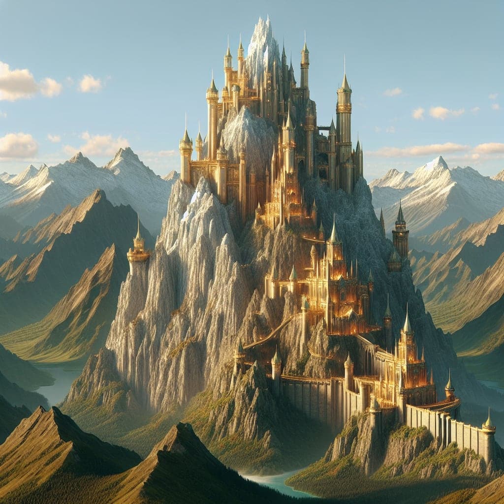 A majestic golden castle on the top of a mountain