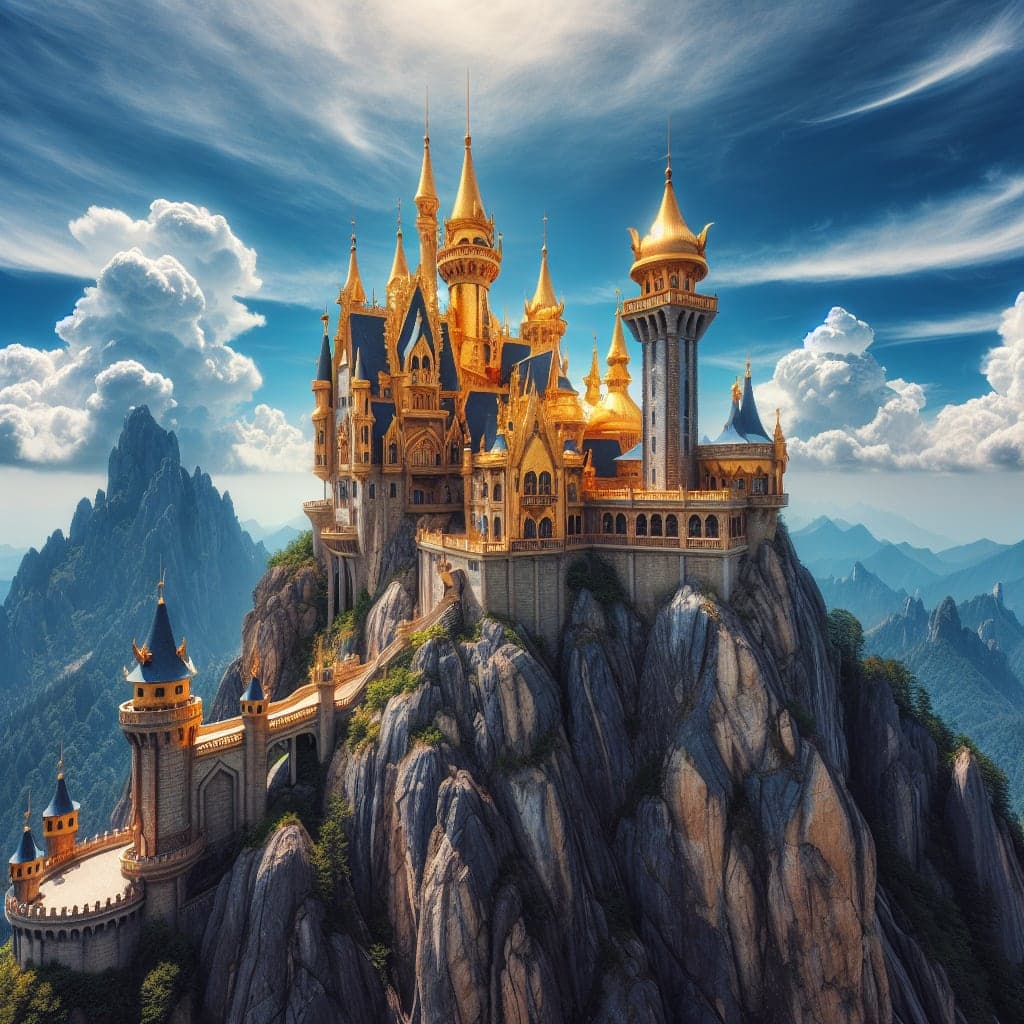 A majestic golden castle on the top of a mountain