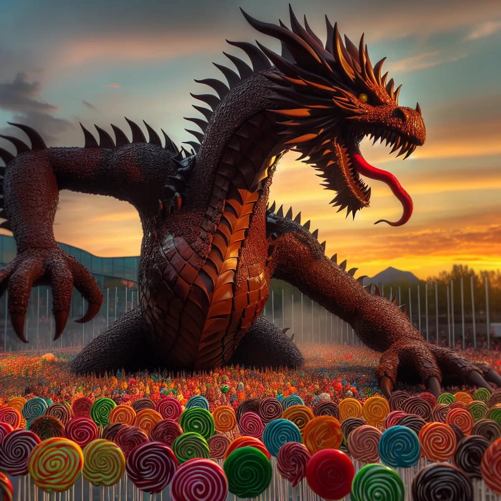 A chocolate dragon fighting a massive army of angry lollipops.